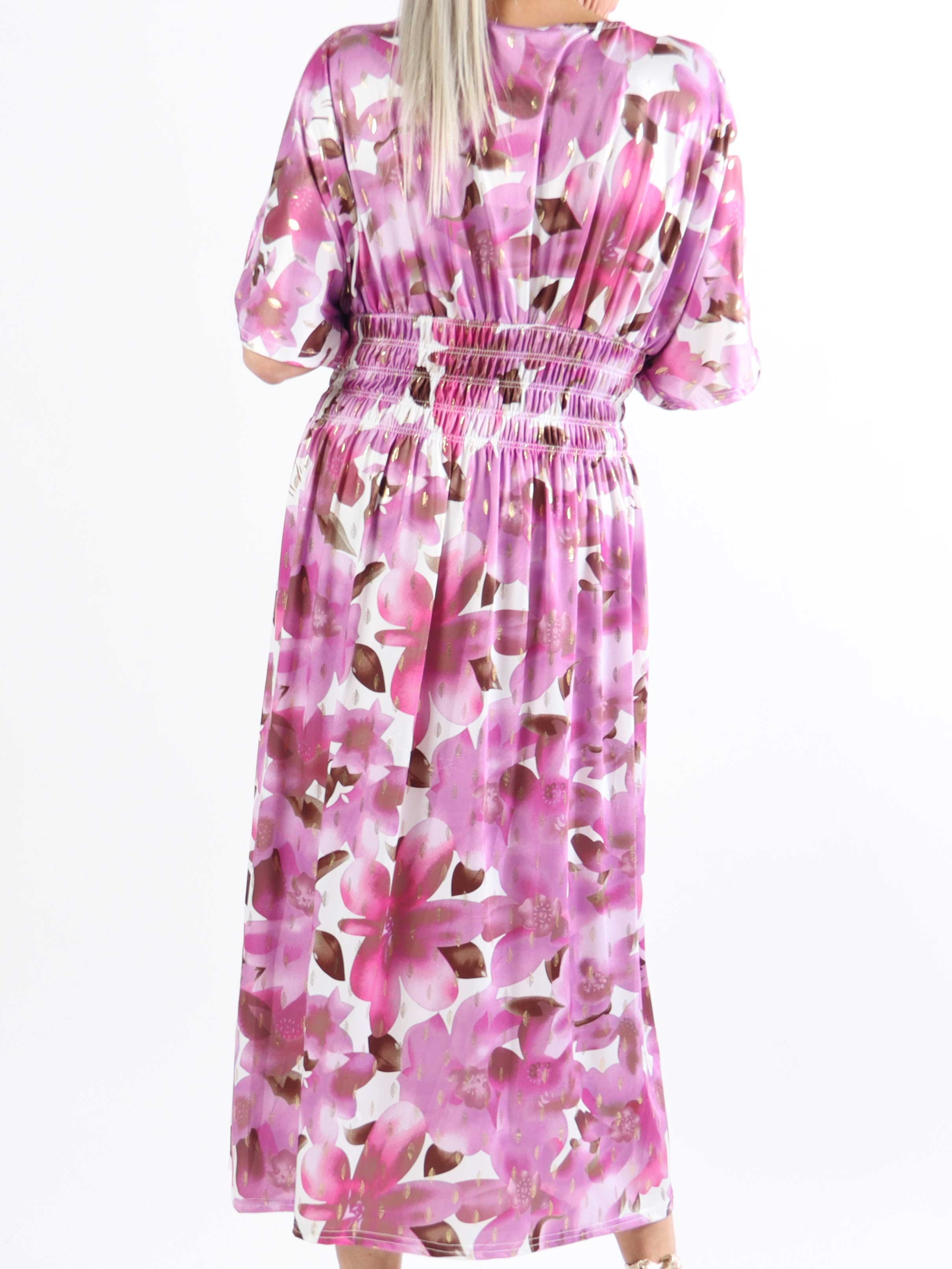 Pams Sweet Flower Midi - Elastisk plus size-klänning i skrynkelfritt tyg